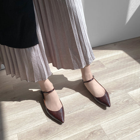 ラストワン20%OFF:ストラップデザイン 甲浅フラットシューズ(4801)ワインCR/mamian(マミアン)