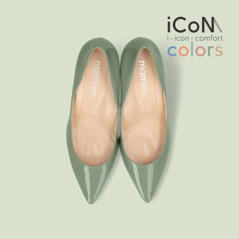 30%OFF:iCoN COLORS:ポインテッドトゥ エナメル パンプス(C76531)モスグリーン/mamian(マミアン)