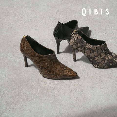 50%OFF:QIBIS:9cmヒール ポインテッドトゥ ブーティ(QM1023)パイソン柄/QIBIS(マミアン)