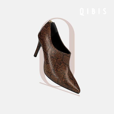 50%OFF:QIBIS:9cmヒール ポインテッドトゥ ブーティ(QM1023)パイソン柄/QIBIS(マミアン)