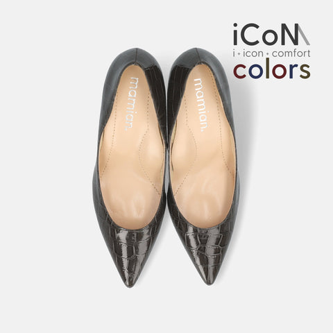 20%OFF：iCoN COLORS：ポインテッドトゥ クロコ型押し パンプス（C76534）チャコールCR/mamian（マミアン）