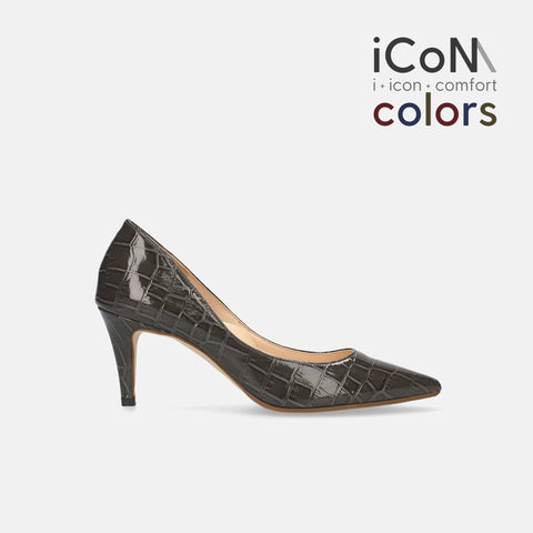 20%OFF：iCoN COLORS：ポインテッドトゥ クロコ型押し パンプス（C76534）チャコールCR/mamian（マミアン）