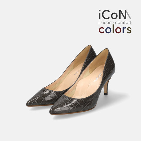 20%OFF：iCoN COLORS：ポインテッドトゥ クロコ型押し パンプス（C76534）チャコールCR/mamian（マミアン）