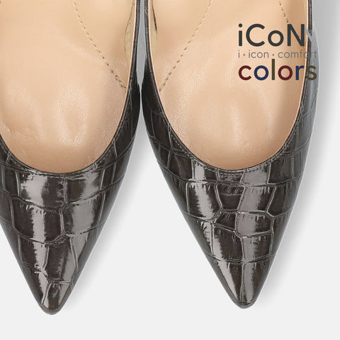 20%OFF：iCoN COLORS：ポインテッドトゥ クロコ型押し パンプス（C76534）チャコールCR/mamian（マミアン）