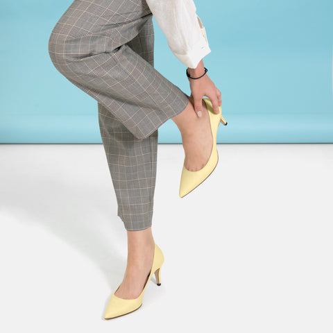 50%OFF：iCoN COLORS：ポインテッドトゥ リネン パンプス（C76535）SイエローL/mamian（マミアン）