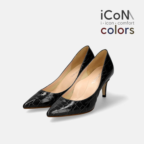 20%OFF：iCoN COLORS：ポインテッドトゥ クロコ型押し パンプス（C76534）ブラックCR/mamian（マミアン）